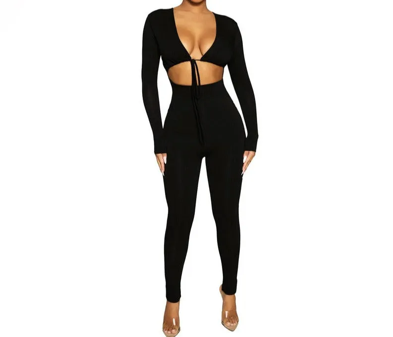 Fashion V-neck Lace-up Hollow Long-sleeved Slim Fit Jumpsuit Women