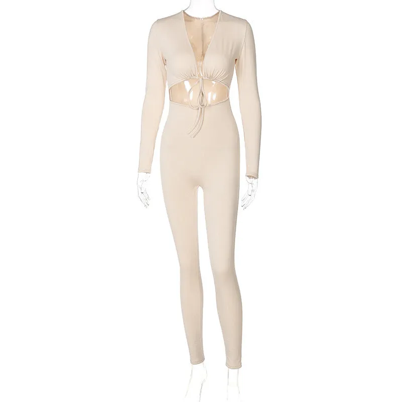 Fashion V-neck Lace-up Hollow Long-sleeved Slim Fit Jumpsuit Women