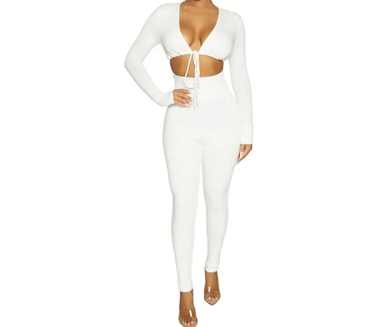 Fashion V-neck Lace-up Hollow Long-sleeved Slim Fit Jumpsuit Women