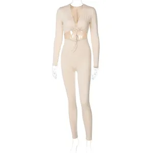 Fashion V-neck Lace-up Hollow Long-sleeved Slim Fit Jumpsuit Women