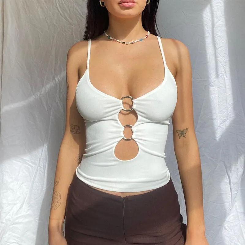 Fashionable Hollow Out Crop Top with Slim Fit and Spaghetti Straps