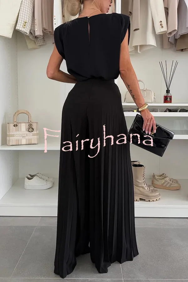 Fashionable Round Neck Shoulder Pads Top and Elastic Waist Pleated Wide-leg Pants Set