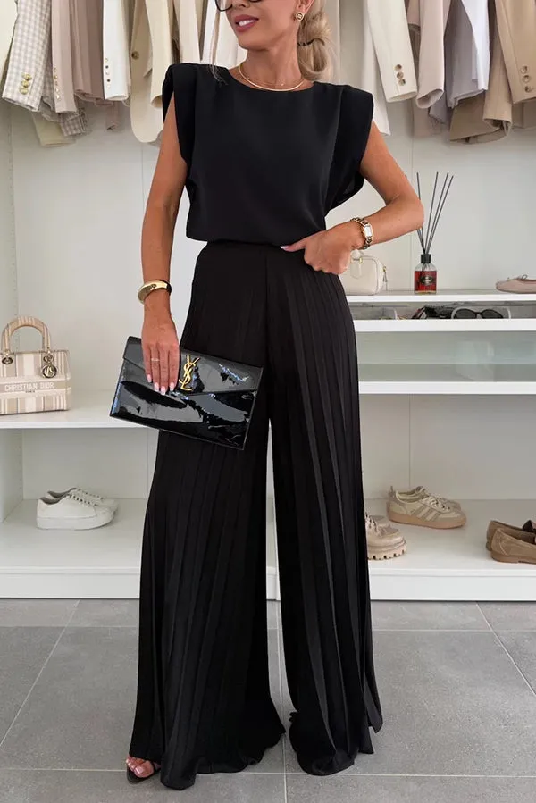 Fashionable Round Neck Shoulder Pads Top and Elastic Waist Pleated Wide-leg Pants Set