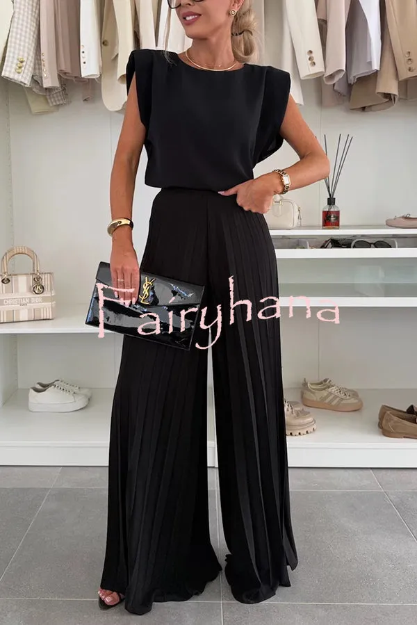Fashionable Round Neck Shoulder Pads Top and Elastic Waist Pleated Wide-leg Pants Set