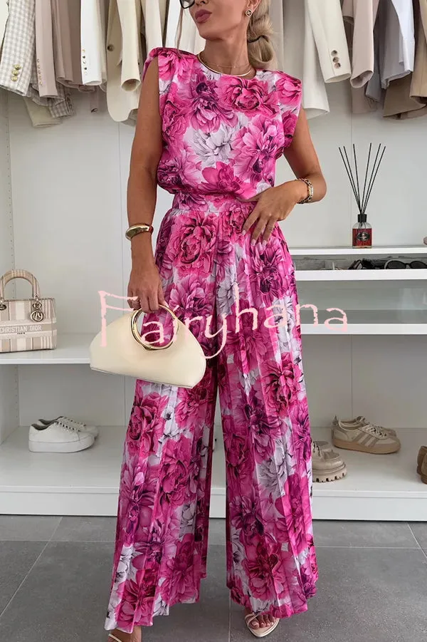 Fashionable Round Neck Shoulder Pads Top and Elastic Waist Pleated Wide-leg Pants Set