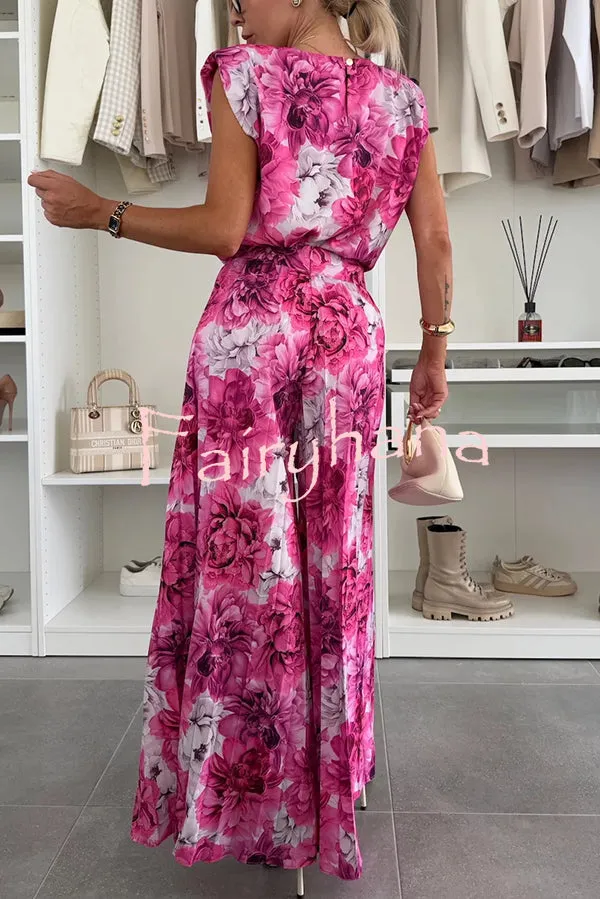 Fashionable Round Neck Shoulder Pads Top and Elastic Waist Pleated Wide-leg Pants Set