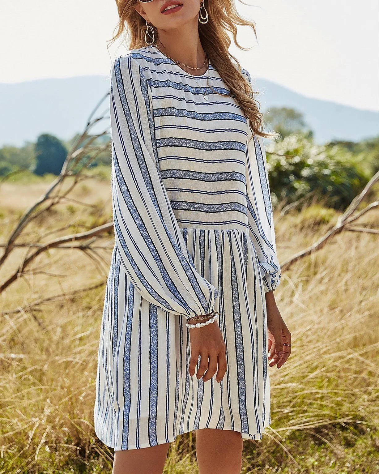 Forever Trendy Striped Puff Sleeve Babydoll Dress