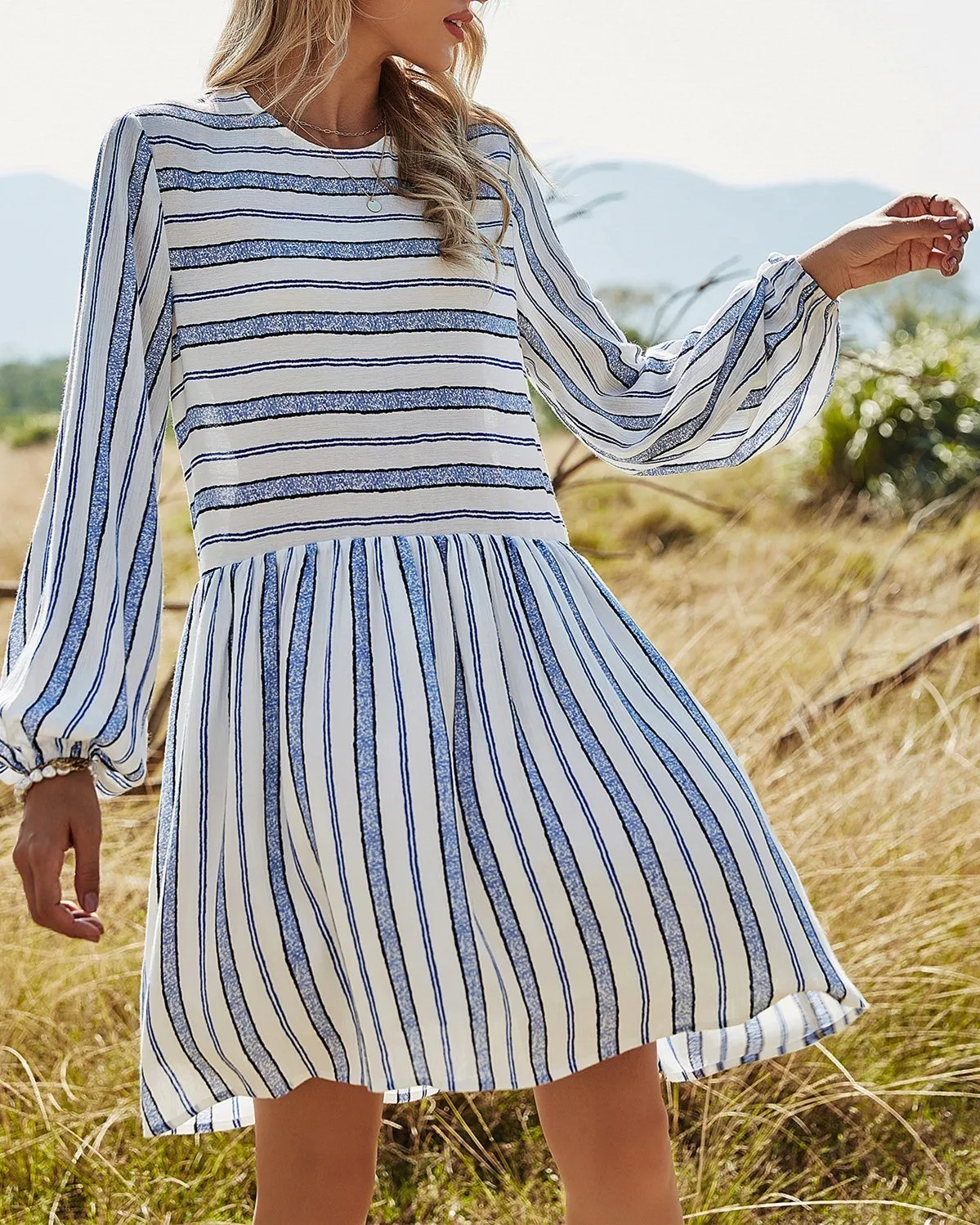 Forever Trendy Striped Puff Sleeve Babydoll Dress