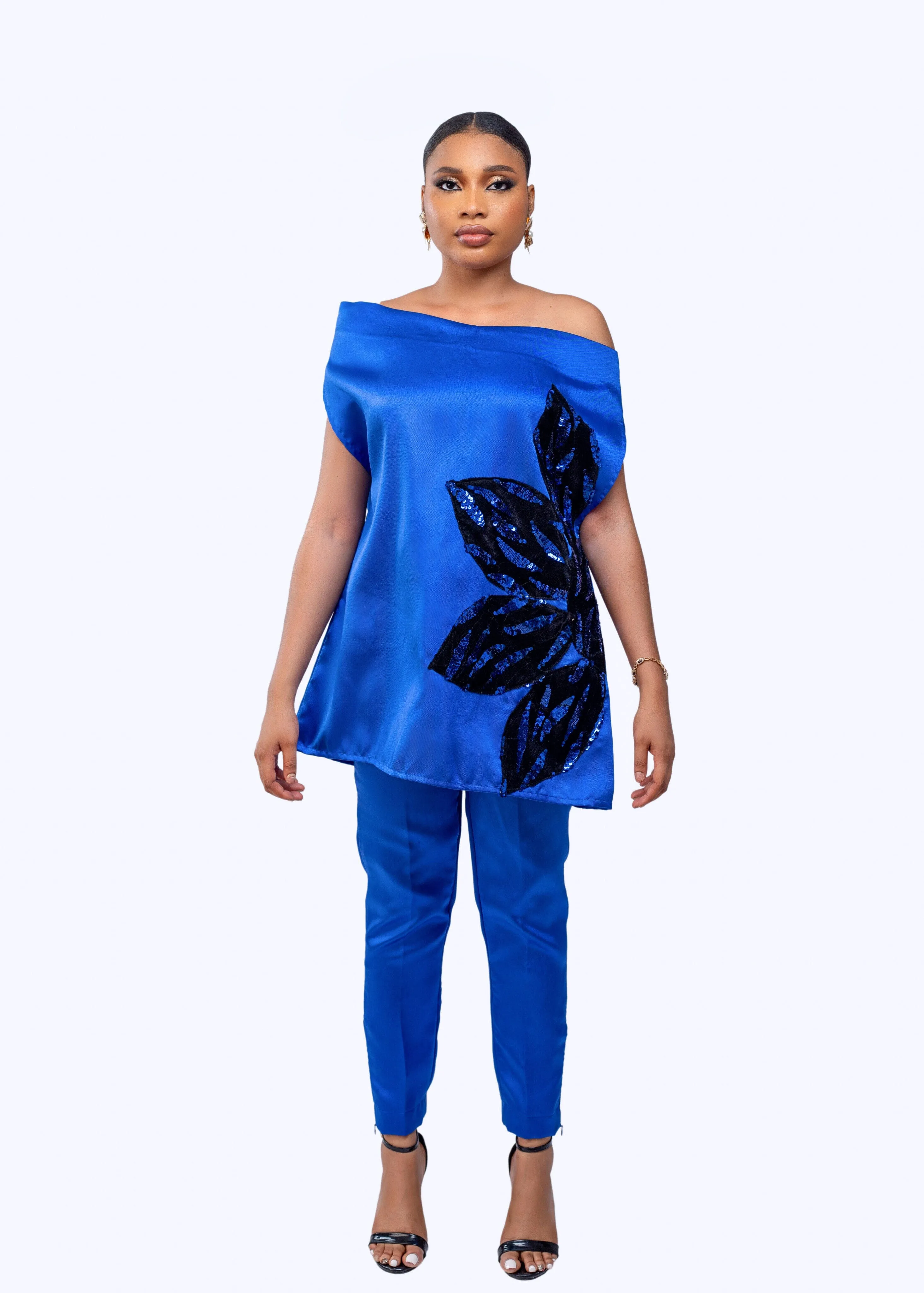 Goddess Pant set (Blue)  - Mikado silk with multicolor sequin