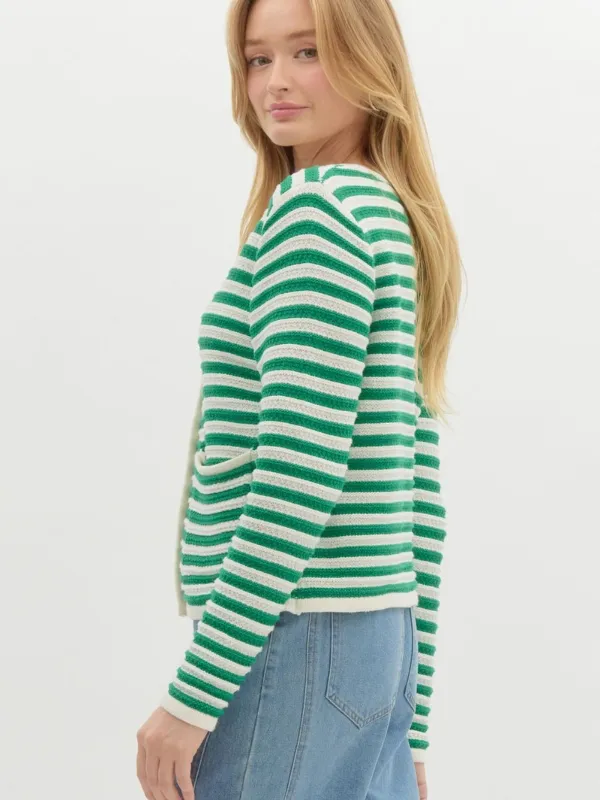 Green & Cream Striped Button Cardigan