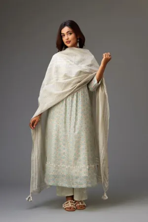 Hamsika blue and grey pintucked kurta set