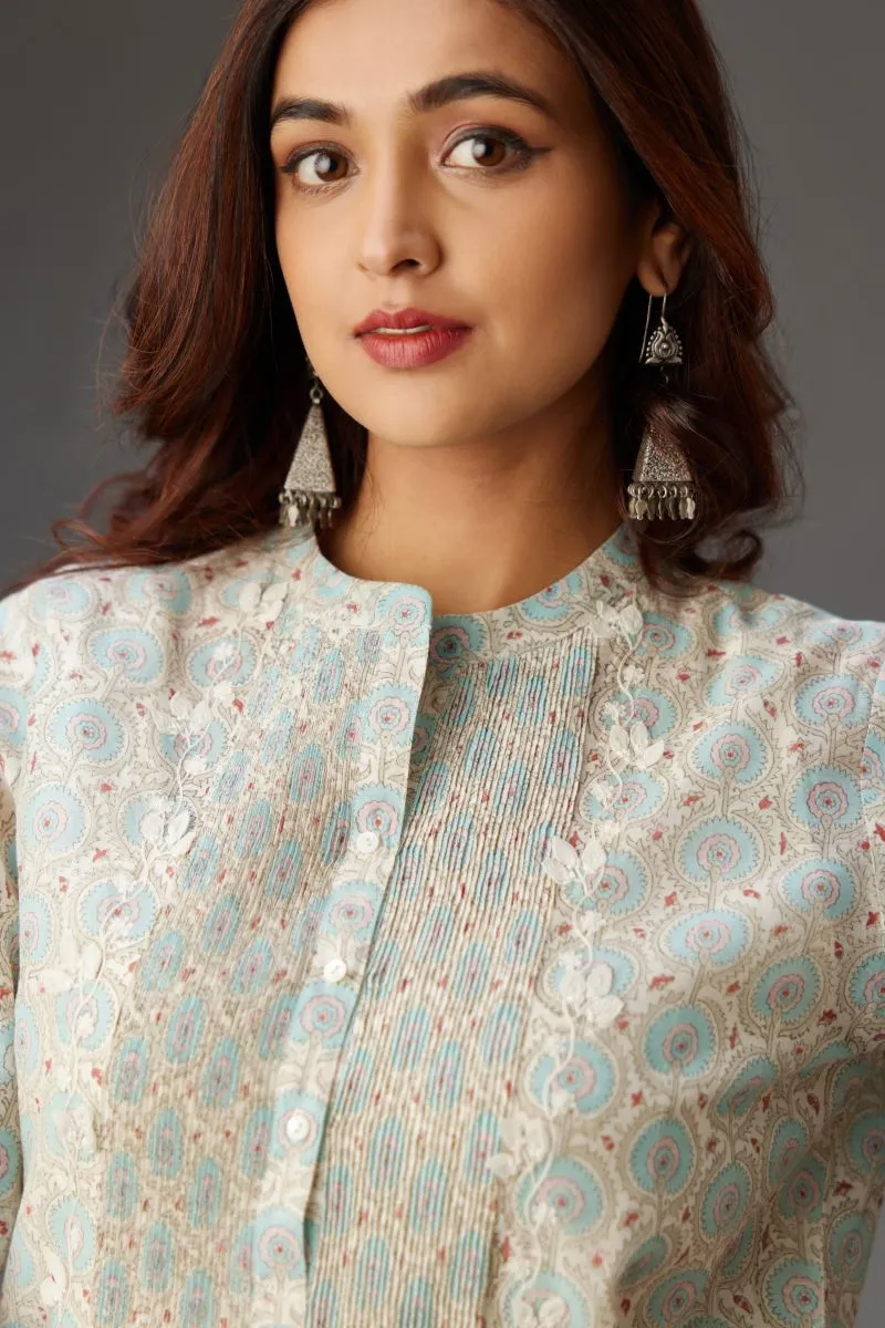 Hamsika blue and grey pintucked kurta set