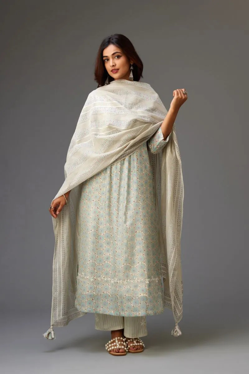 Hamsika blue and grey pintucked kurta set