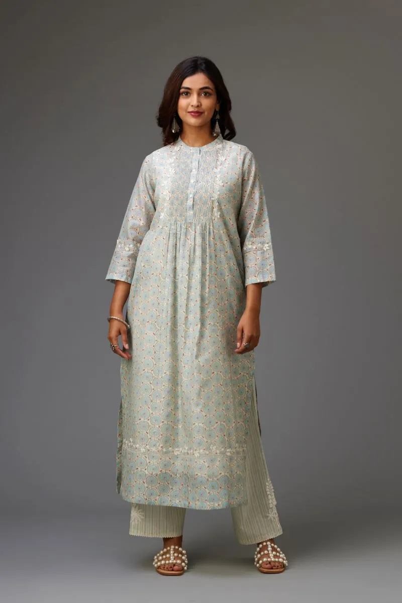 Hamsika blue and grey pintucked kurta set