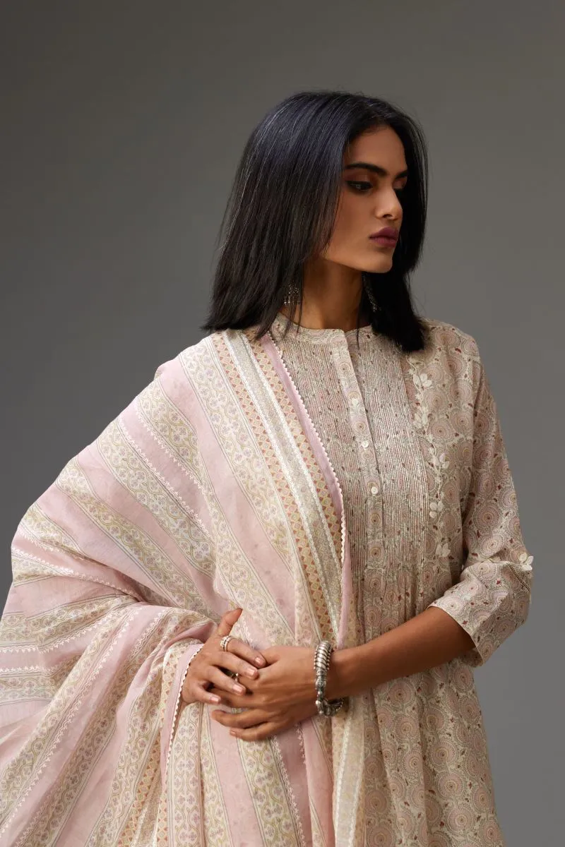 Hamsika pink and grey pintucked kurta set