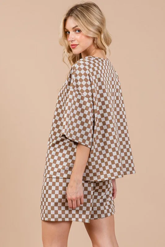 Hazel Blues® |  Ces Femme Checkered Round Neck Top and Shorts Set