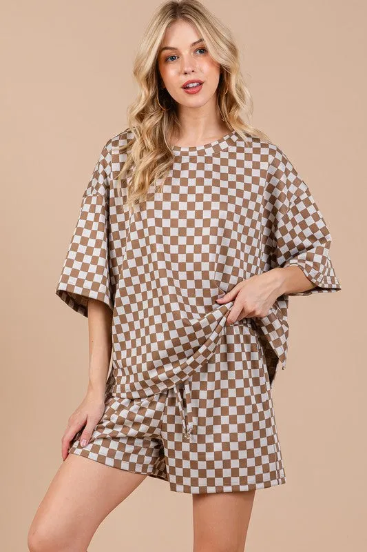 Hazel Blues® |  Ces Femme Checkered Round Neck Top and Shorts Set