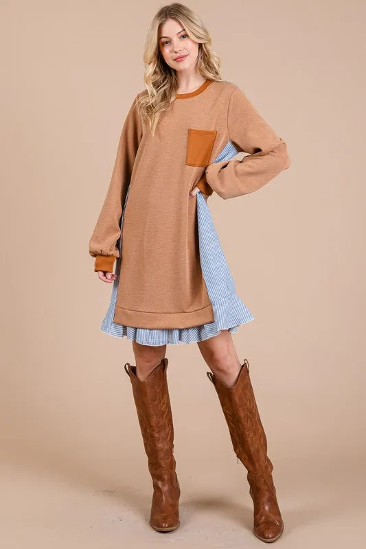 Hazel Blues® |  Ces Femme Striped Patchwork Round Neck Terry Sweatshirt Dress