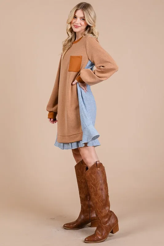 Hazel Blues® |  Ces Femme Striped Patchwork Round Neck Terry Sweatshirt Dress