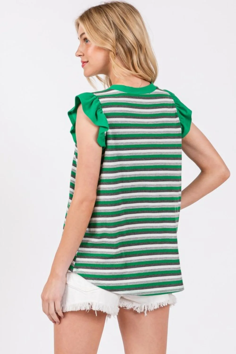 Hazel Blues® |  Ces Femme Striped Round Neck Ruffled Cap Sleeve Top