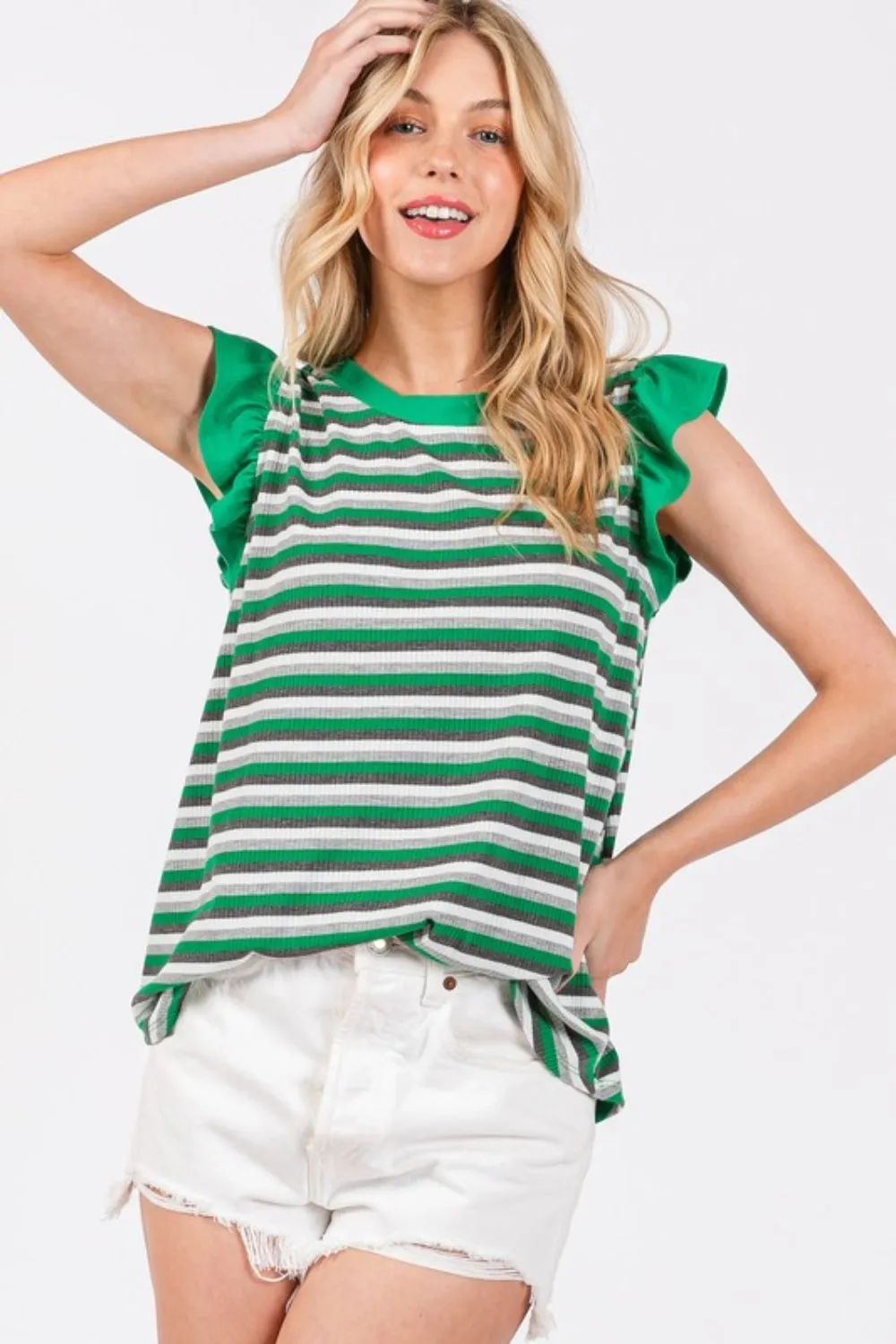 Hazel Blues® |  Ces Femme Striped Round Neck Ruffled Cap Sleeve Top