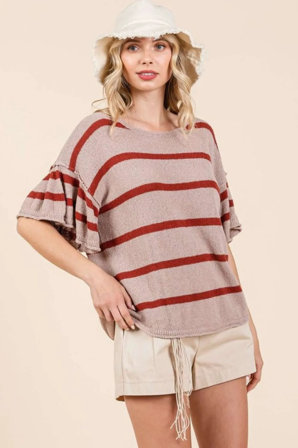 Hazel Blues® |  Mittoshop Striped Flounce Sleeve Knit Top