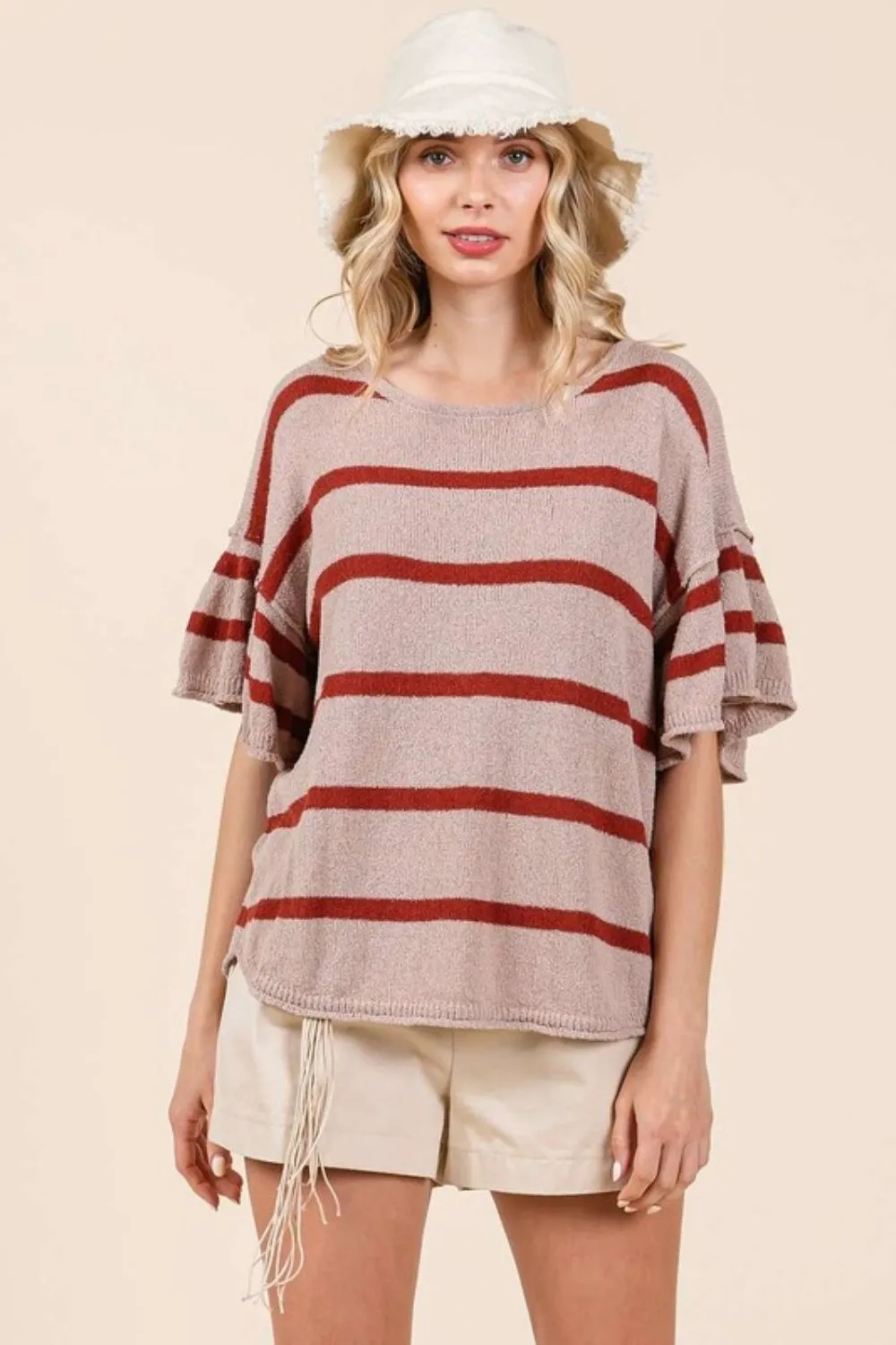 Hazel Blues® |  Mittoshop Striped Flounce Sleeve Knit Top