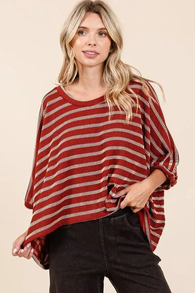 Hazel Blues® |  Mittoshop Texture Striped Print Round Neck Dolman Sleeve Top
