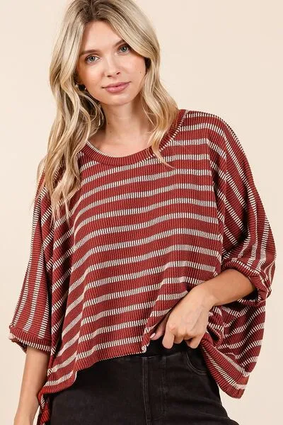 Hazel Blues® |  Mittoshop Texture Striped Print Round Neck Dolman Sleeve Top
