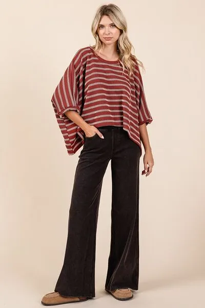Hazel Blues® |  Mittoshop Texture Striped Print Round Neck Dolman Sleeve Top