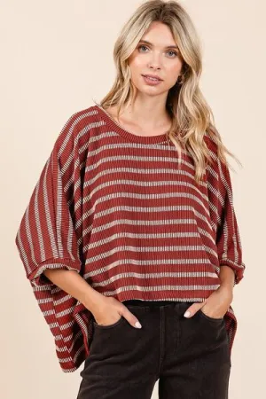 Hazel Blues® |  Mittoshop Texture Striped Print Round Neck Dolman Sleeve Top