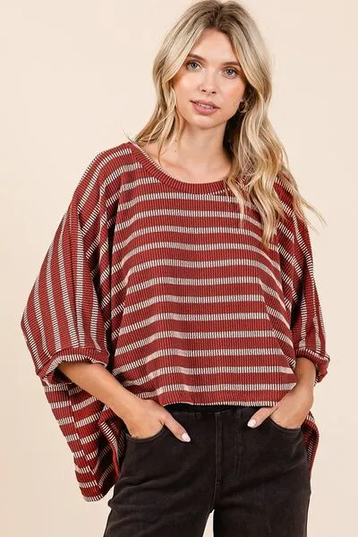 Hazel Blues® |  Mittoshop Texture Striped Print Round Neck Dolman Sleeve Top