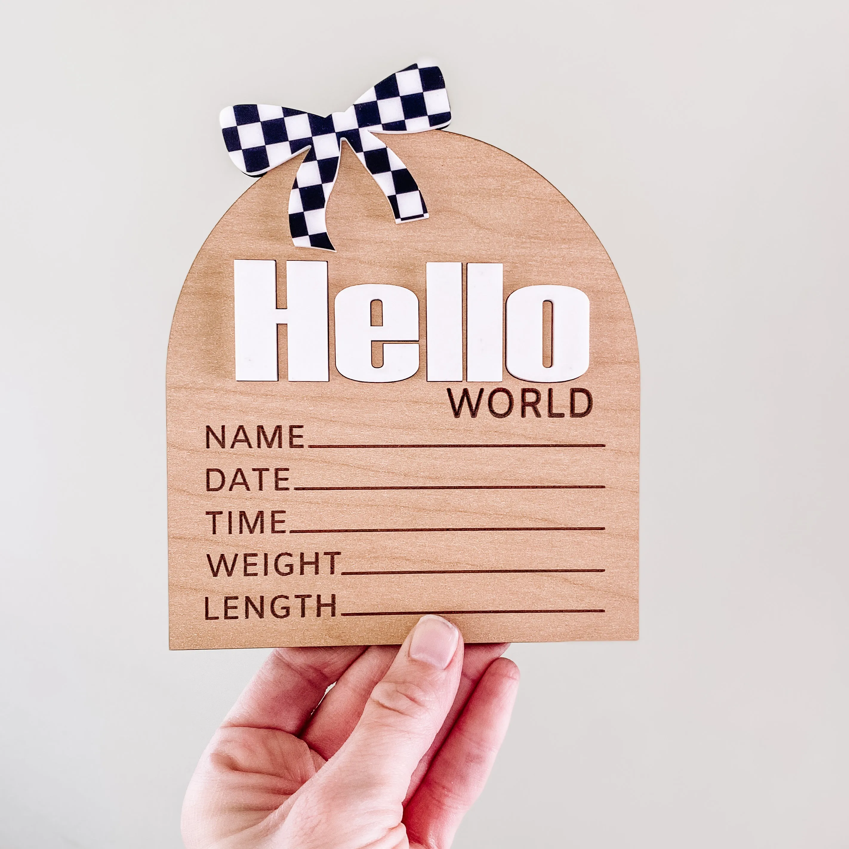 Hello World Birth Stat Sign - Black Checkered Bow