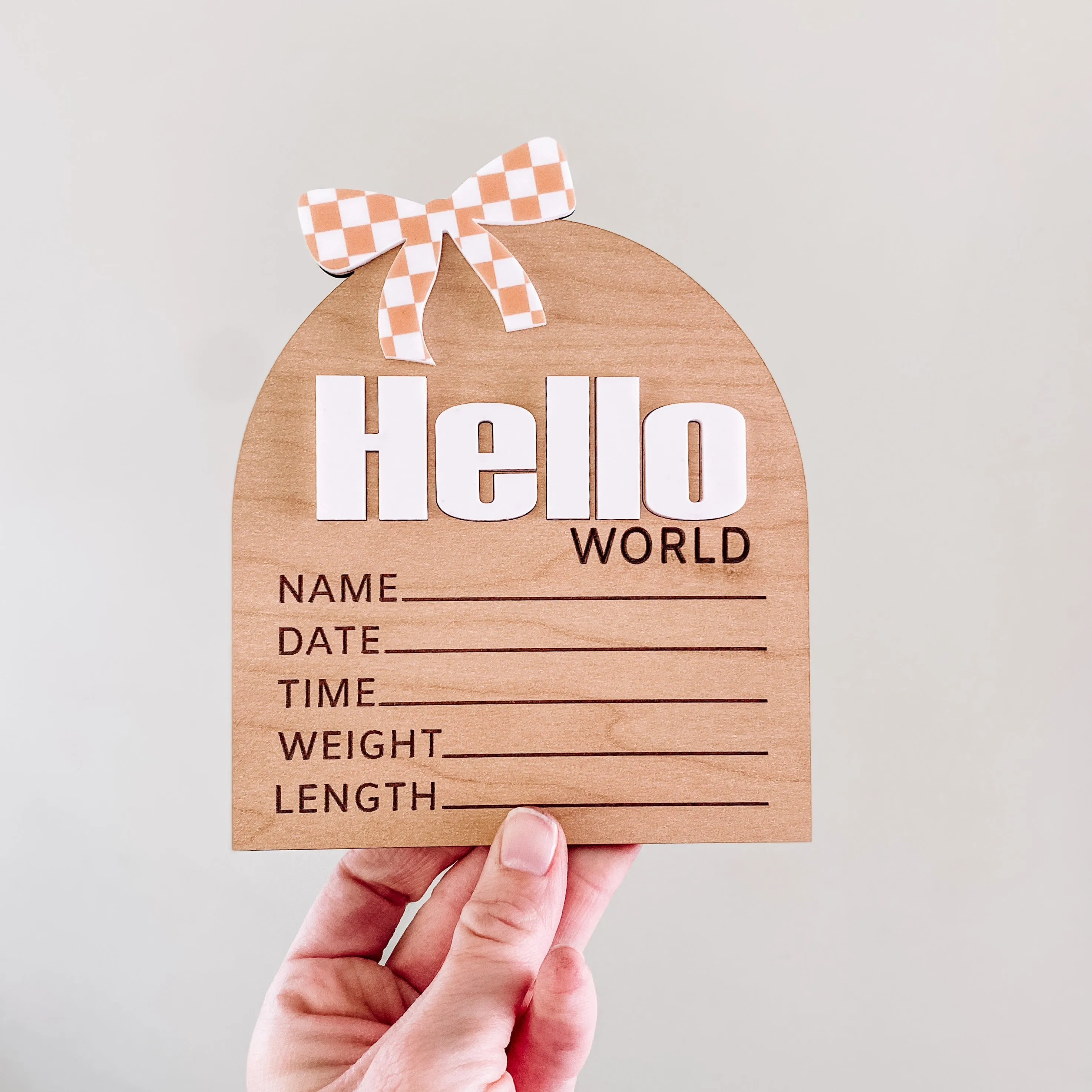 Hello World Birth Stat Sign - Tan Checkered Bow