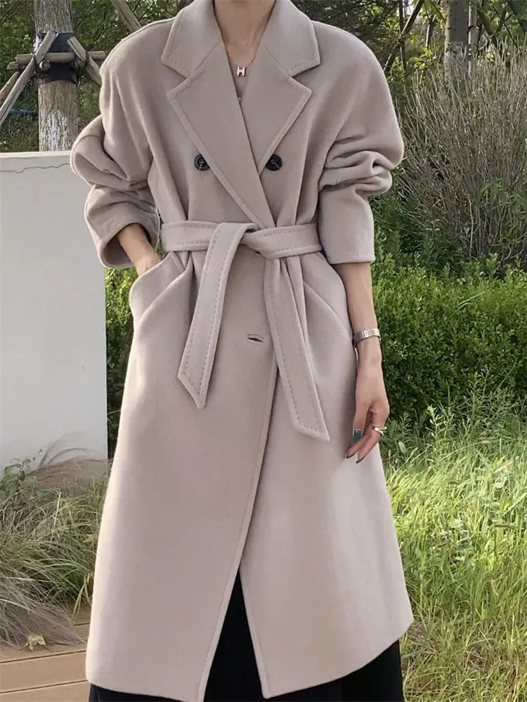 High-end Double-sided Cashmere Coat Women Mid-length New Fashion Thick Double-breasted Long Sleeve Woolen Coat Fit Autumn Winter