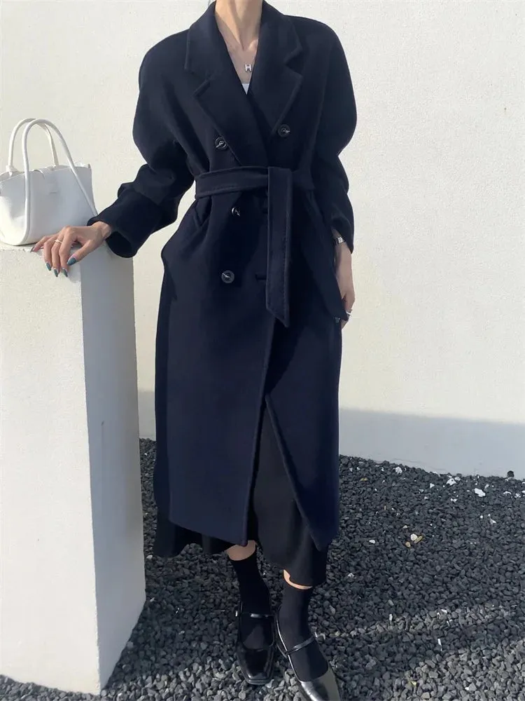 High-end Double-sided Cashmere Coat Women Mid-length New Fashion Thick Double-breasted Long Sleeve Woolen Coat Fit Autumn Winter