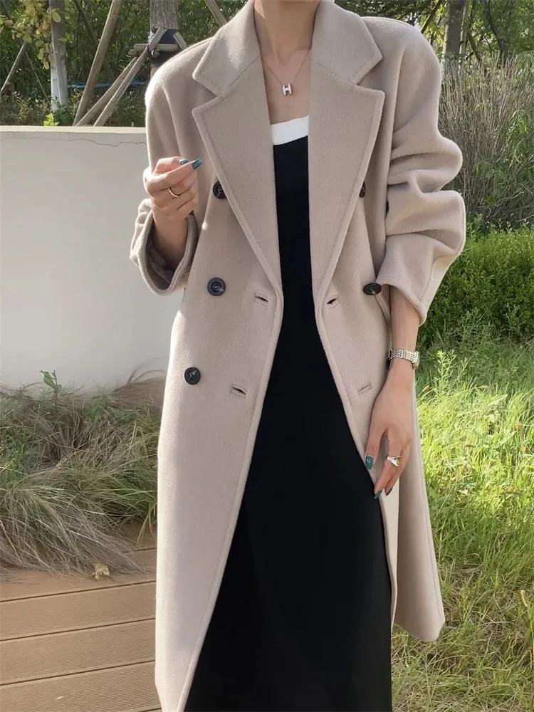 High-end Double-sided Cashmere Coat Women Mid-length New Fashion Thick Double-breasted Long Sleeve Woolen Coat Fit Autumn Winter