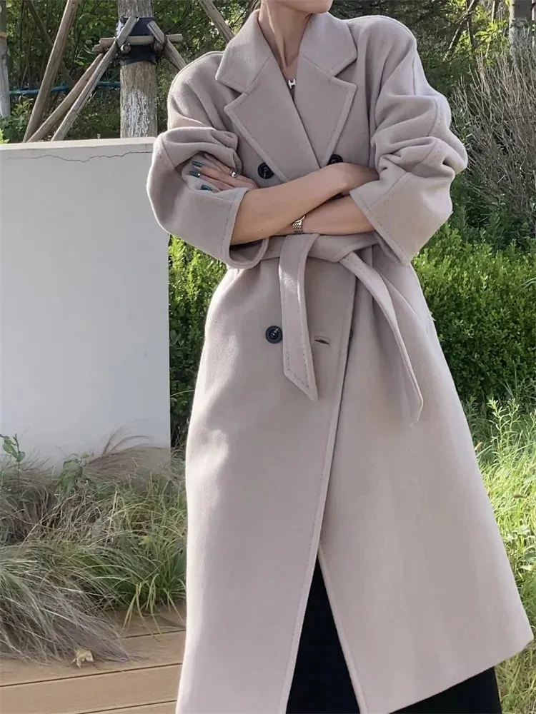 High-end Double-sided Cashmere Coat Women Mid-length New Fashion Thick Double-breasted Long Sleeve Woolen Coat Fit Autumn Winter