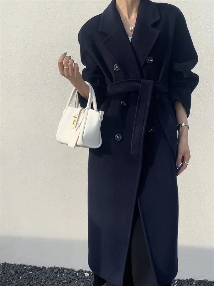 High-end Double-sided Cashmere Coat Women Mid-length New Fashion Thick Double-breasted Long Sleeve Woolen Coat Fit Autumn Winter