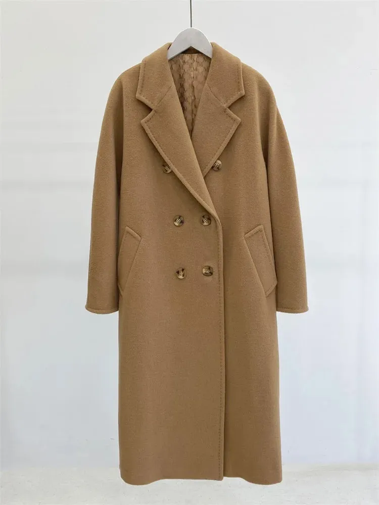 High-end Double-sided Cashmere Coat Women Mid-length New Fashion Thick Double-breasted Long Sleeve Woolen Coat Fit Autumn Winter