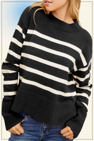 Holloway Striped Mock neck Loose Fit Sweater - Black