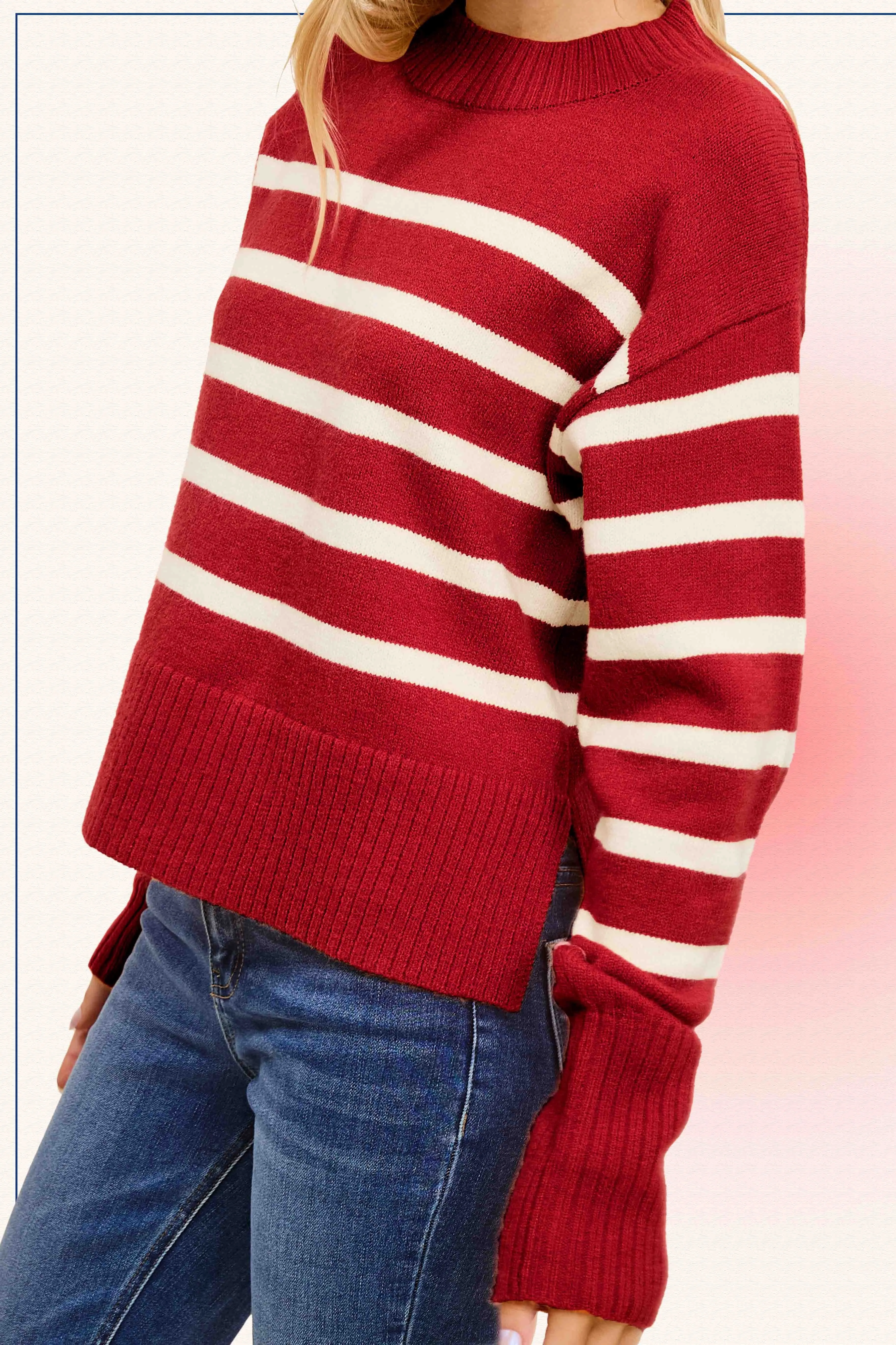 Holloway Striped Mock neck Loose Fit Sweater - Red