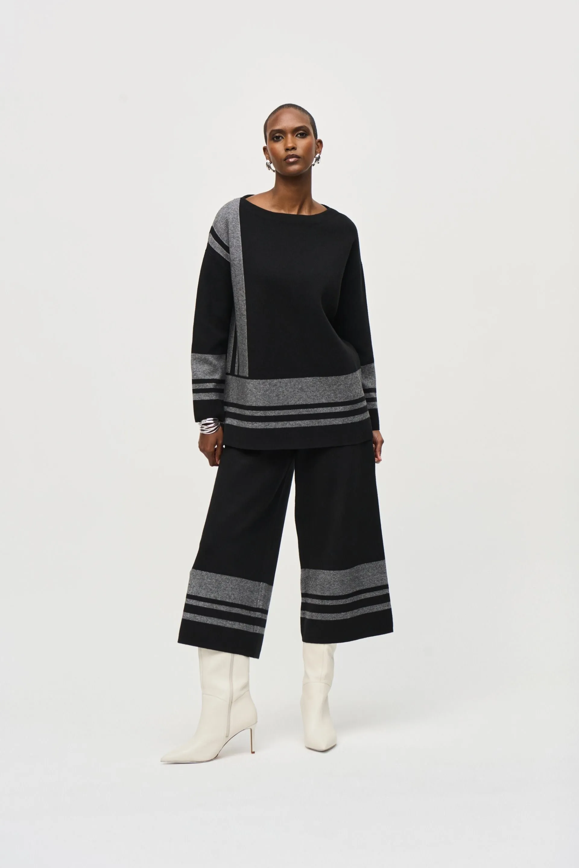 Joseph Ribkoff Black/Vanilla Striped Knit Pull On Culotte Pants 243950