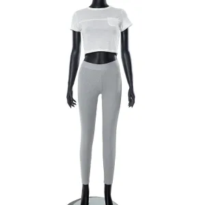 K23ST216 European And American-Style Women's Clothing2023Summer Fashion Midriff-Baring Short Sleeve Personalized PocketTT-shirt Casual Pants Two-Piece Set