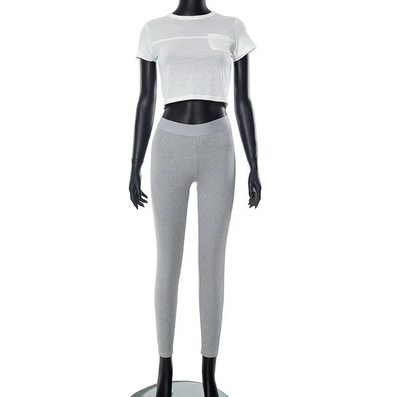 K23ST216 European And American-Style Women's Clothing2023Summer Fashion Midriff-Baring Short Sleeve Personalized PocketTT-shirt Casual Pants Two-Piece Set