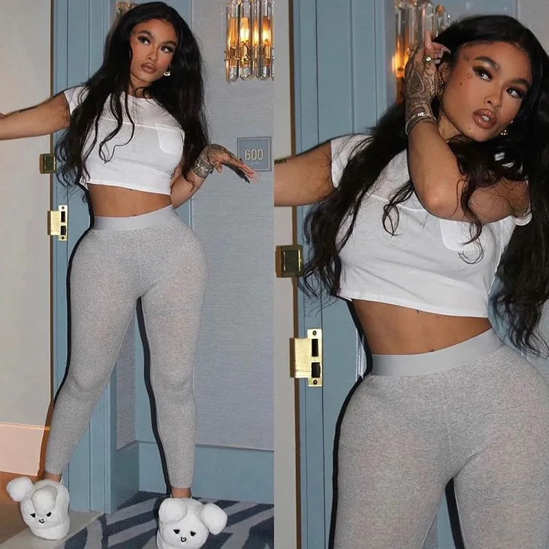K23ST216 European And American-Style Women's Clothing2023Summer Fashion Midriff-Baring Short Sleeve Personalized PocketTT-shirt Casual Pants Two-Piece Set
