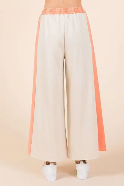 Khaki/Coral Color Block Wide Leg  Pants