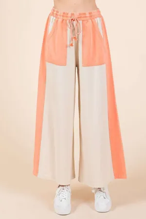 Khaki/Coral Color Block Wide Leg  Pants
