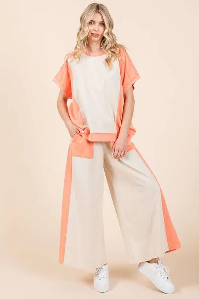 Khaki/Coral Color Block Wide Leg  Pants