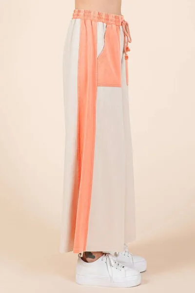 Khaki/Coral Color Block Wide Leg  Pants